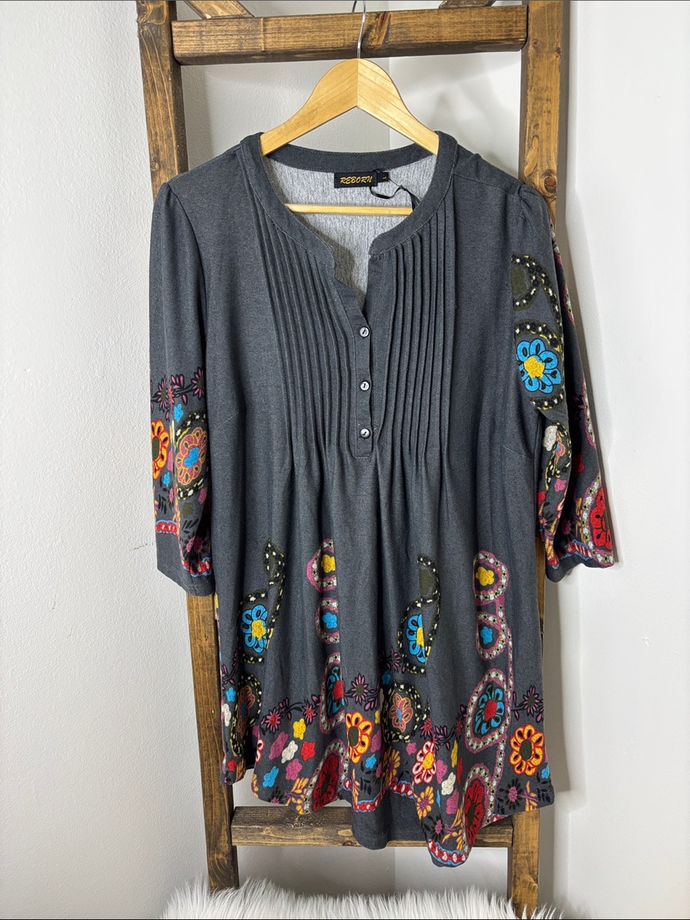Reborn Charcoal Mini Dress with Multicolor Floral Print Size L
